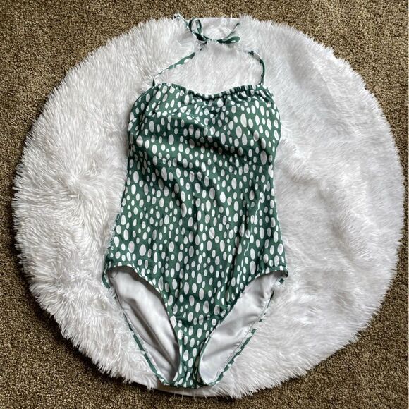 Kona Sol Swimsuit One Piece Green White Polka Dot Shelf Bra Women’s Size Medium - Picture 1 of 10